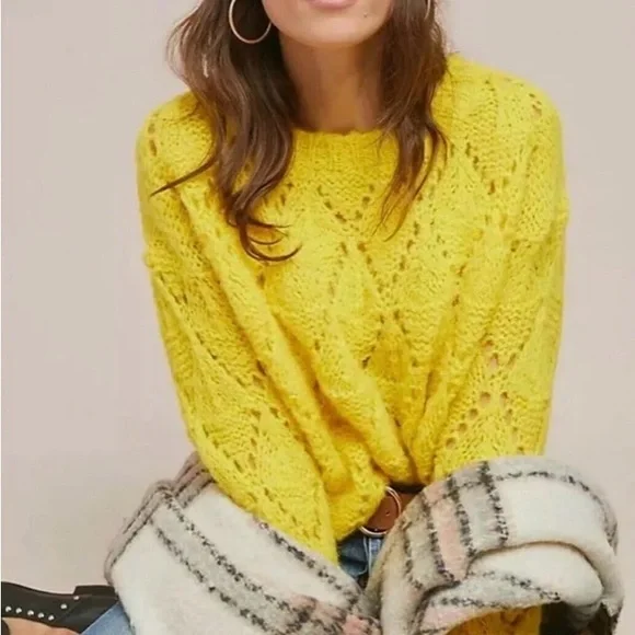 Anthropologie Sleeping on Snow Bright Lights Yellow Pullover Sweater M - Picture 3 of 9